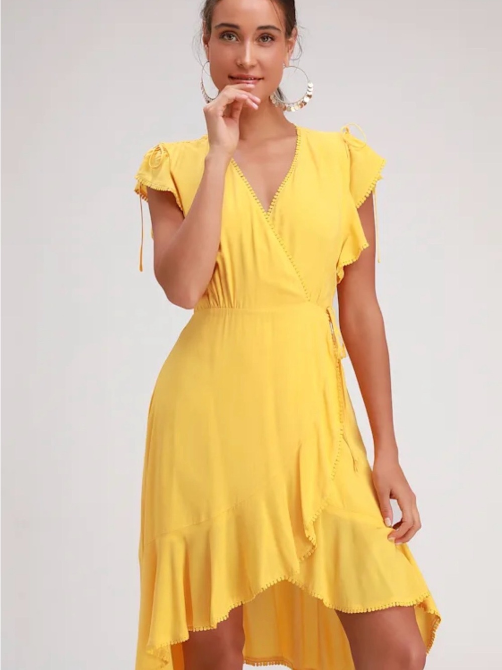 NWT Lulu's Sunflower Adeleine Yellow Pom-Trim Wrap Dress M BOHO Wedding Shower